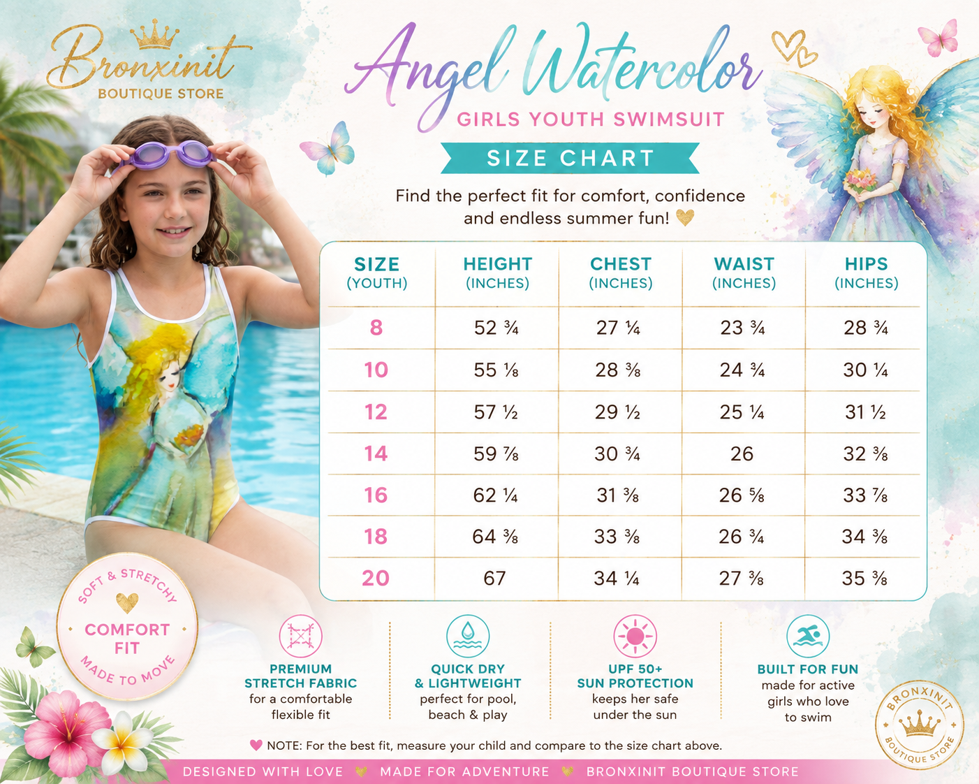 Bronxinit Angel Watercolor Girls Youth Swimsuit | All-Over Print Kids One-Piece Bathing Suit (Sizes 8–20)