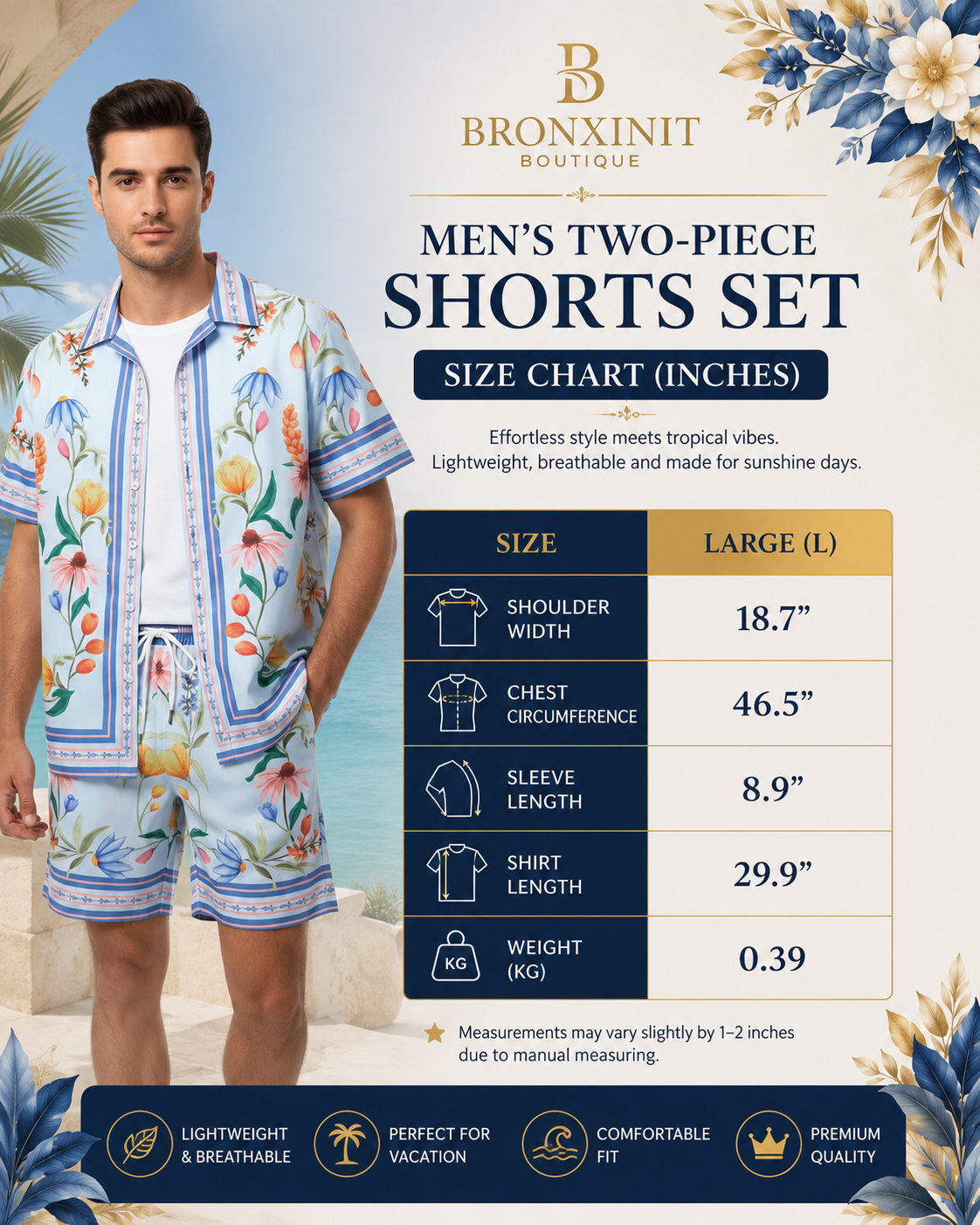 Blue Bloom Co-Ord Men Shirt and Shorts Set US Size Large