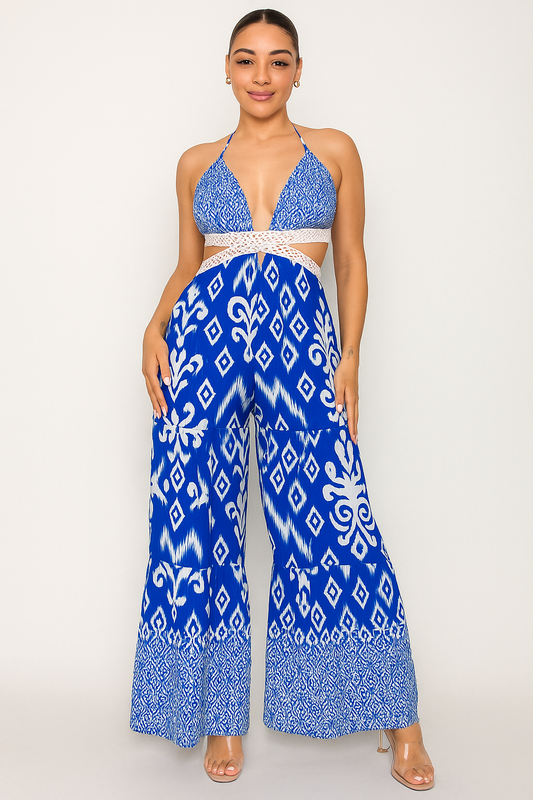 Island Sapphire Jumpsuit – Blue & White Halter Wide-Leg Resort Wear by Bronxinit Boutique