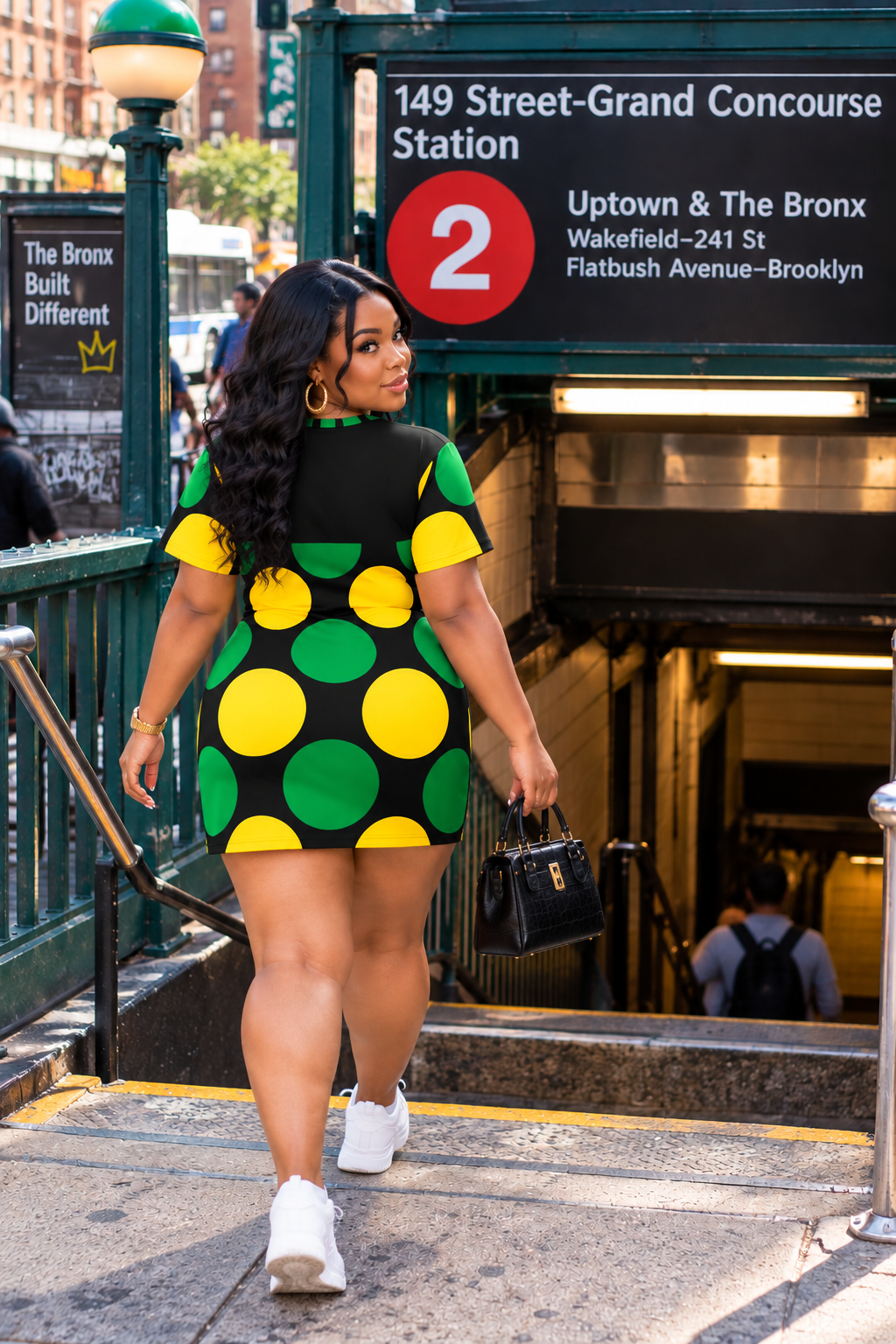 Jamaica Dot Vibes T-Shirt Dress | Black Green & Gold Polka Dot Mini Dress | Jamaican Inspired Dress by Bronxinit