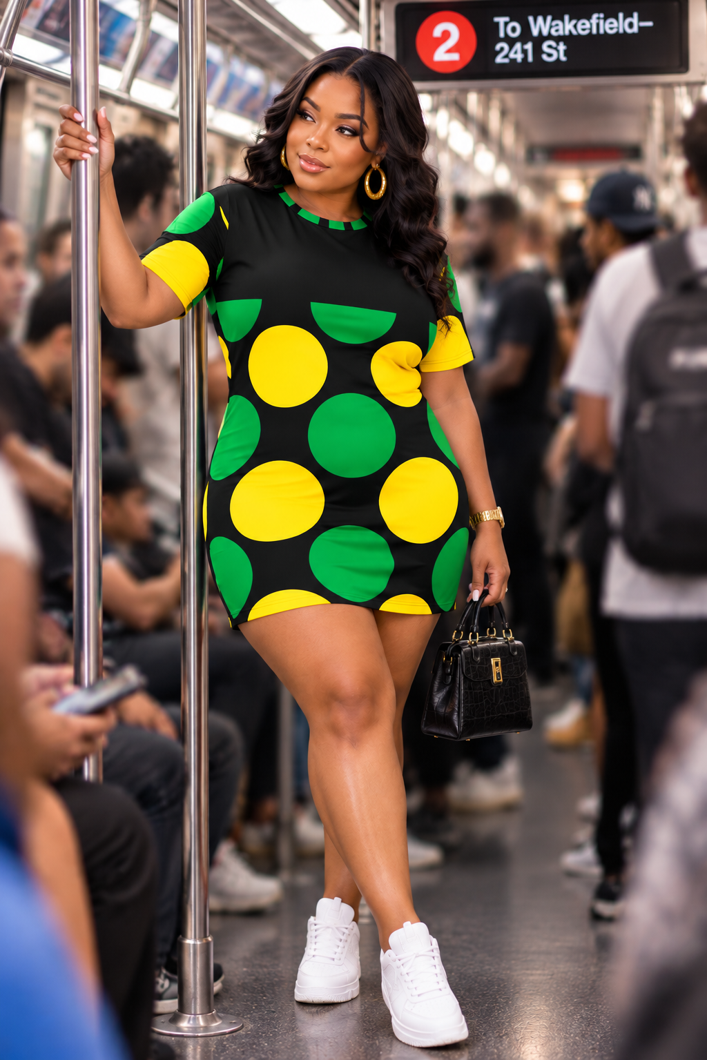 Jamaica Dot Vibes T-Shirt Dress | Black Green & Gold Polka Dot Mini Dress | Jamaican Inspired Dress by Bronxinit