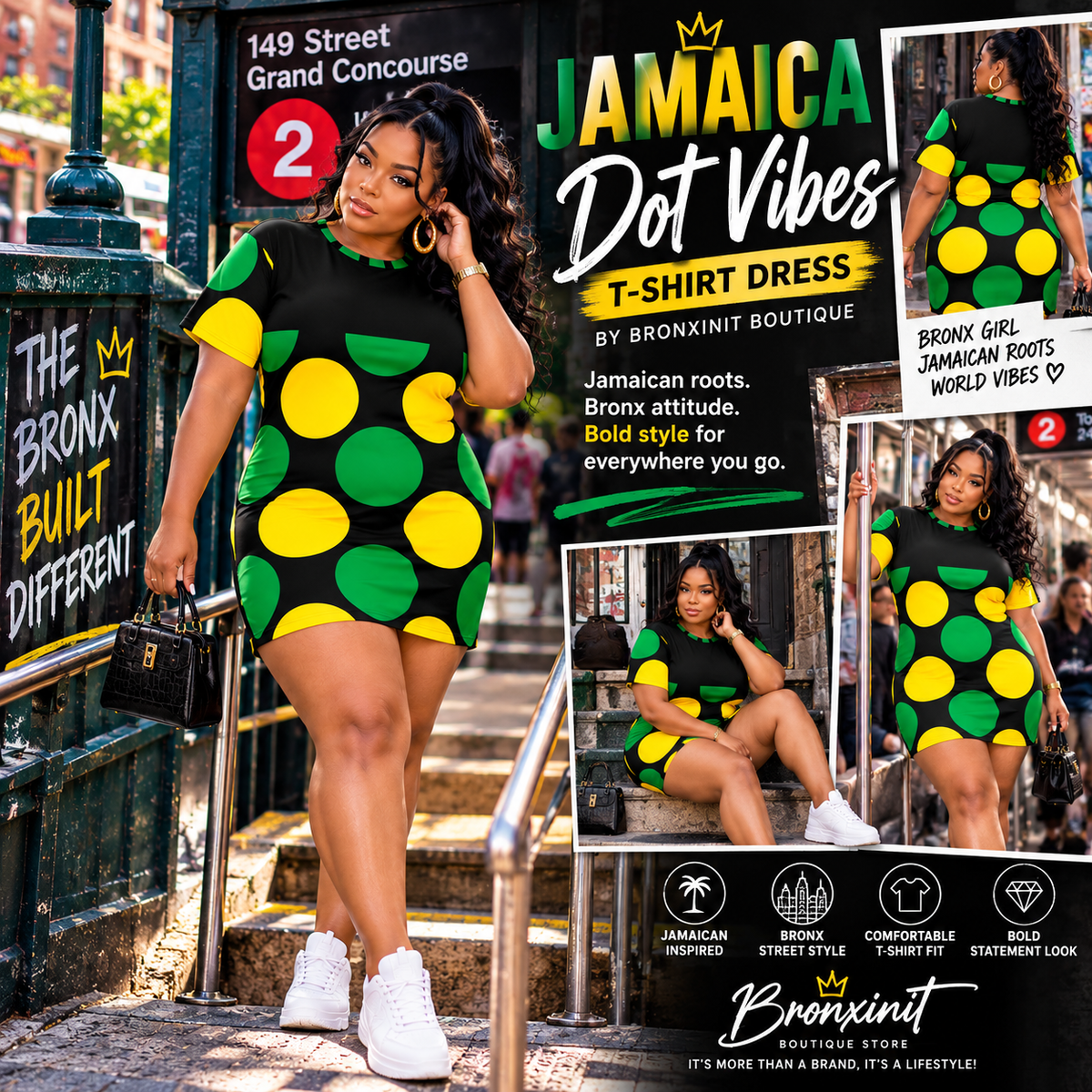 Jamaica Dot Vibes T-Shirt Dress | Black Green & Gold Polka Dot Mini Dress | Jamaican Inspired Dress by Bronxinit
