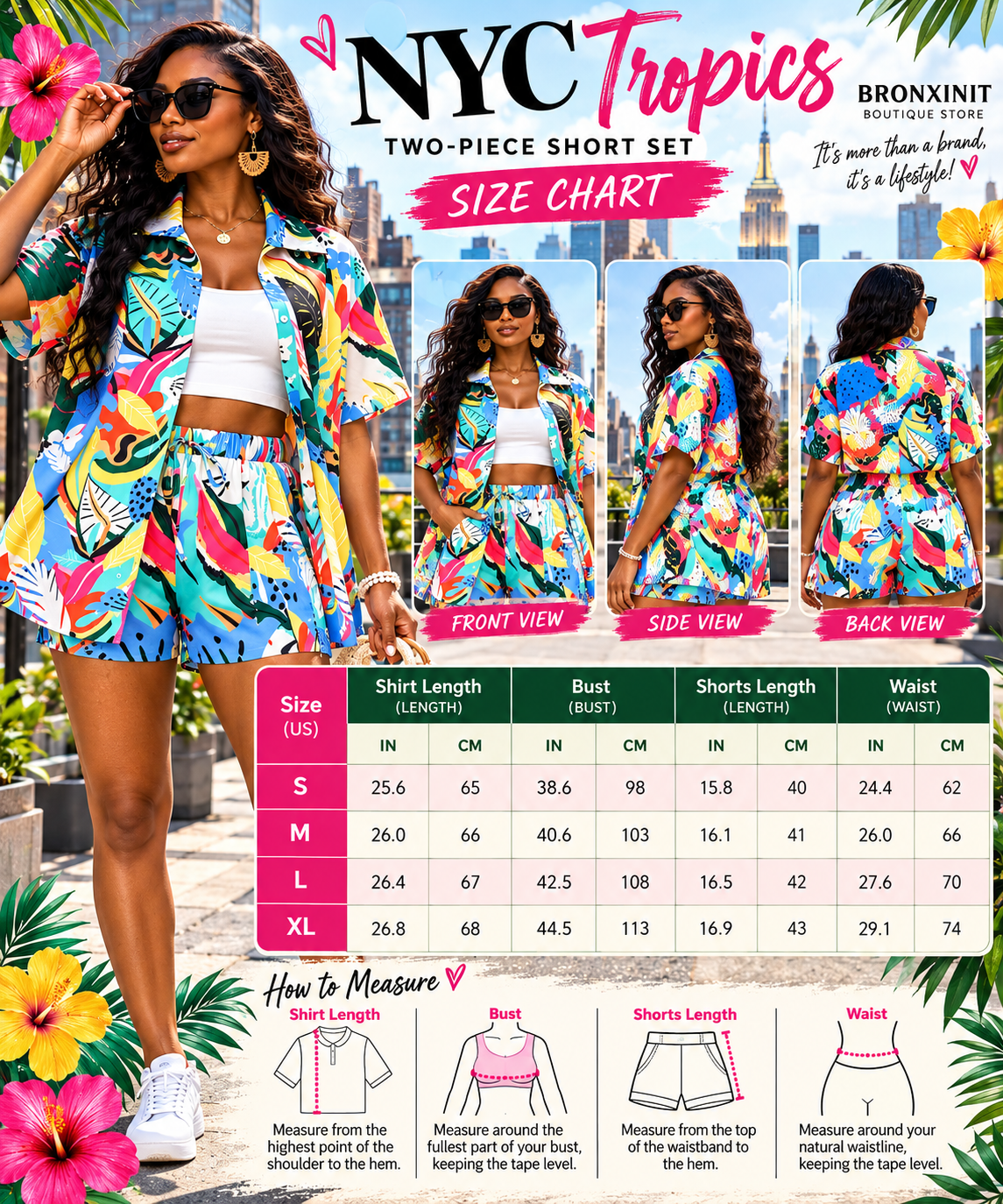 NYC Tropics Two-Piece Short Set – Women’s Tropical Print Button-Up Shirt & Shorts