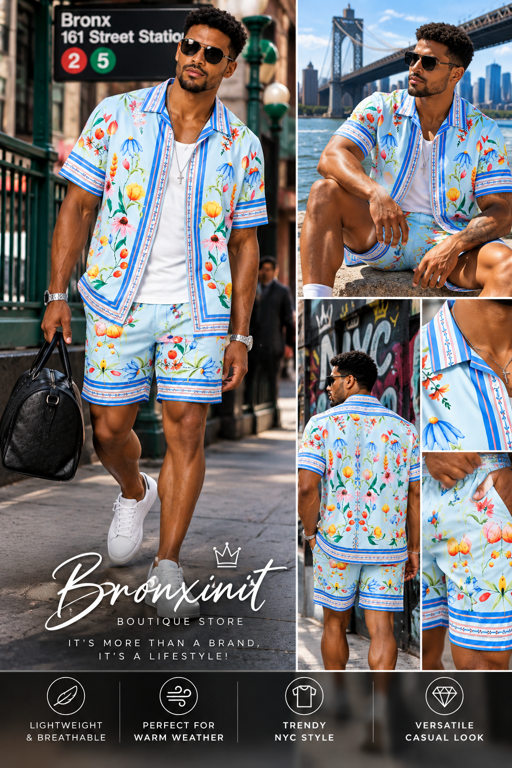 City Island Bloom Men’s Floral Shirt & Shorts Set – Blue Summer Two-Piece Outfit
