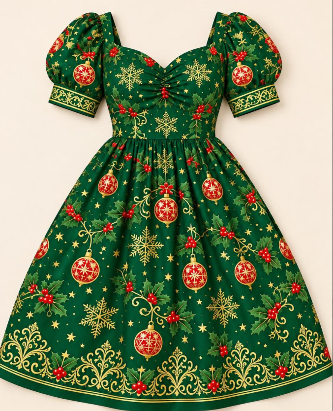 Green Christmas Dress, Gold Snowflake Ornament Print, Puff Sleeves, Sweetheart Neckline (Holiday Party)