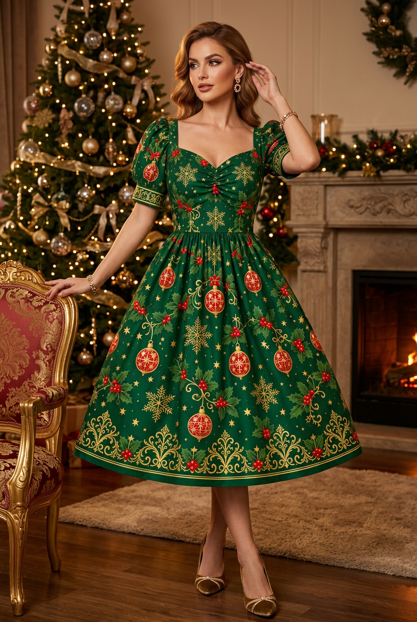 Green Christmas Dress, Gold Snowflake Ornament Print, Puff Sleeves, Sweetheart Neckline (Holiday Party)
