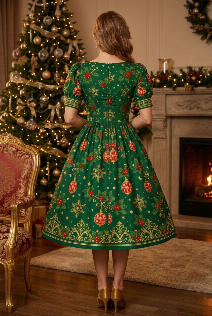 Green Christmas Dress, Gold Snowflake Ornament Print, Puff Sleeves, Sweetheart Neckline (Holiday Party)