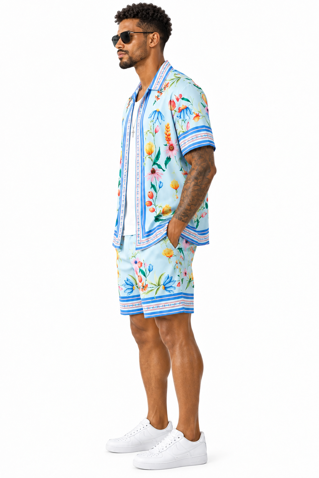 City Island Bloom Men’s Floral Shirt & Shorts Set – Blue Summer Two-Piece Outfit