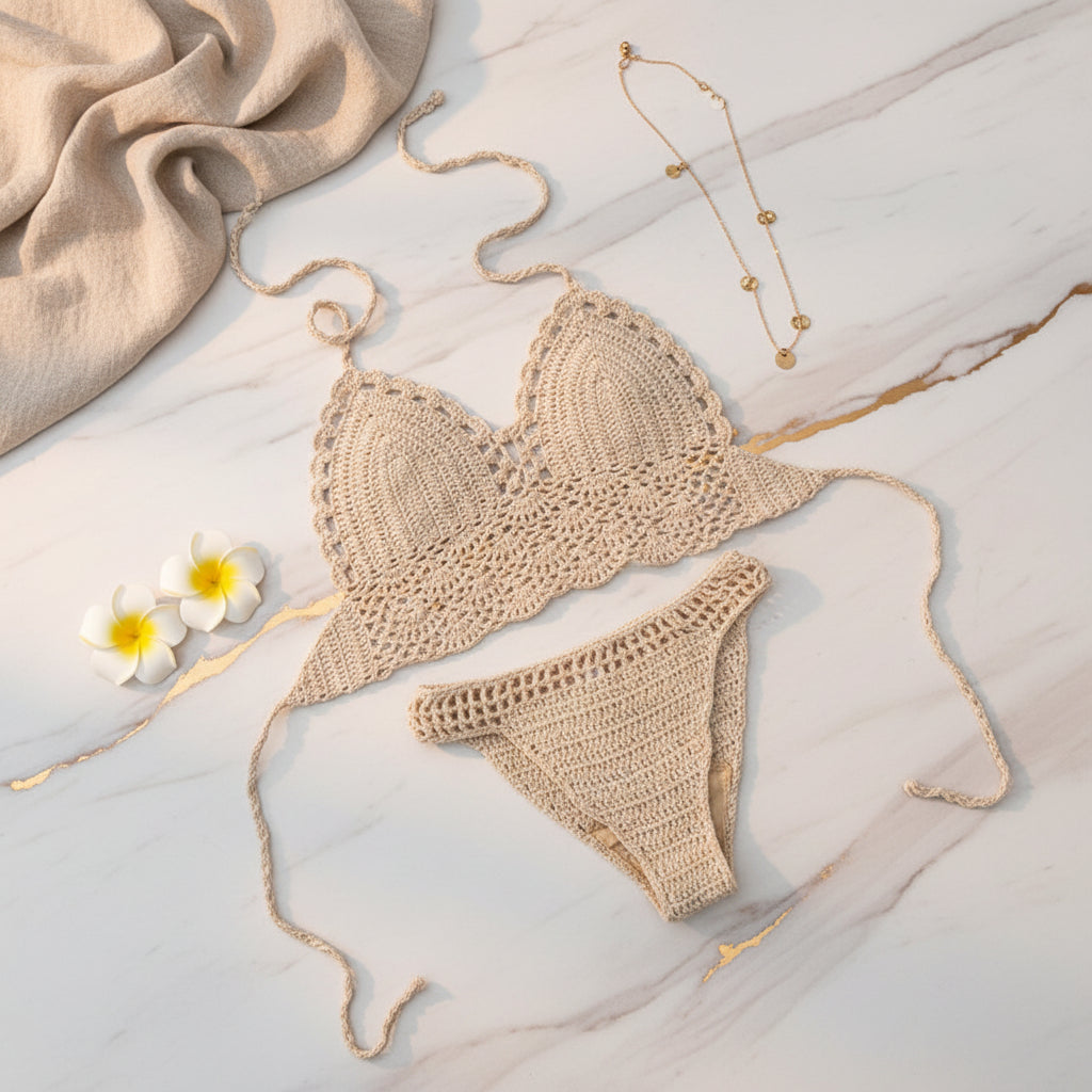 Beige crochet bikini set on a textured gold and white  surface 