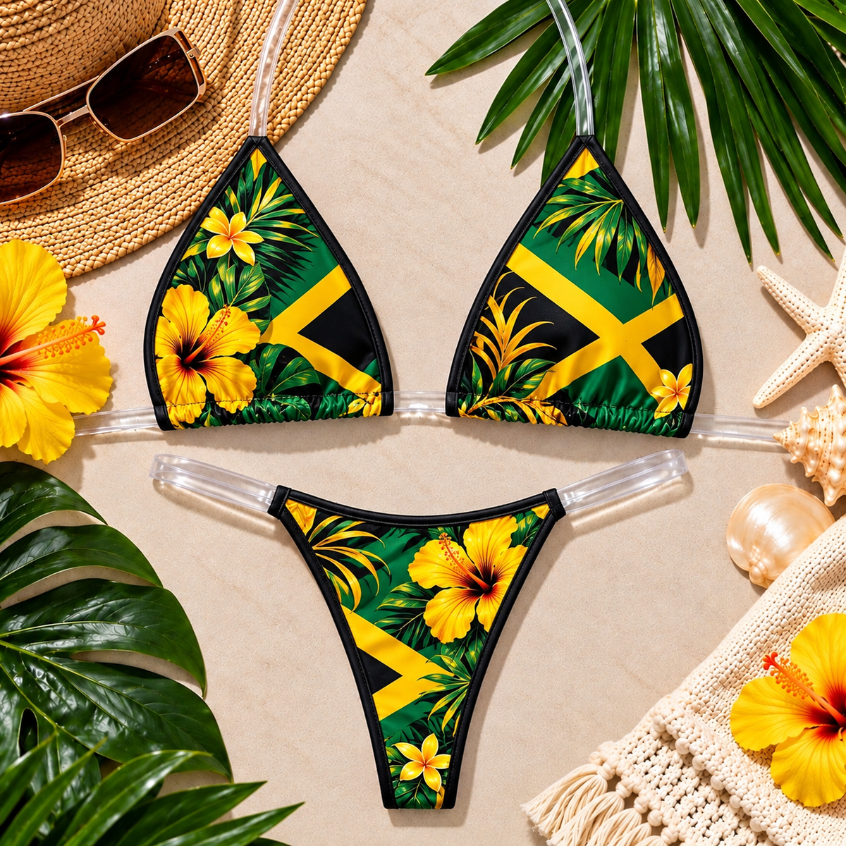 Jamaica Island Bloom Clear-Strap Bikini Set Jamaican Flag Tropical Floral Two-Piece Swimwear