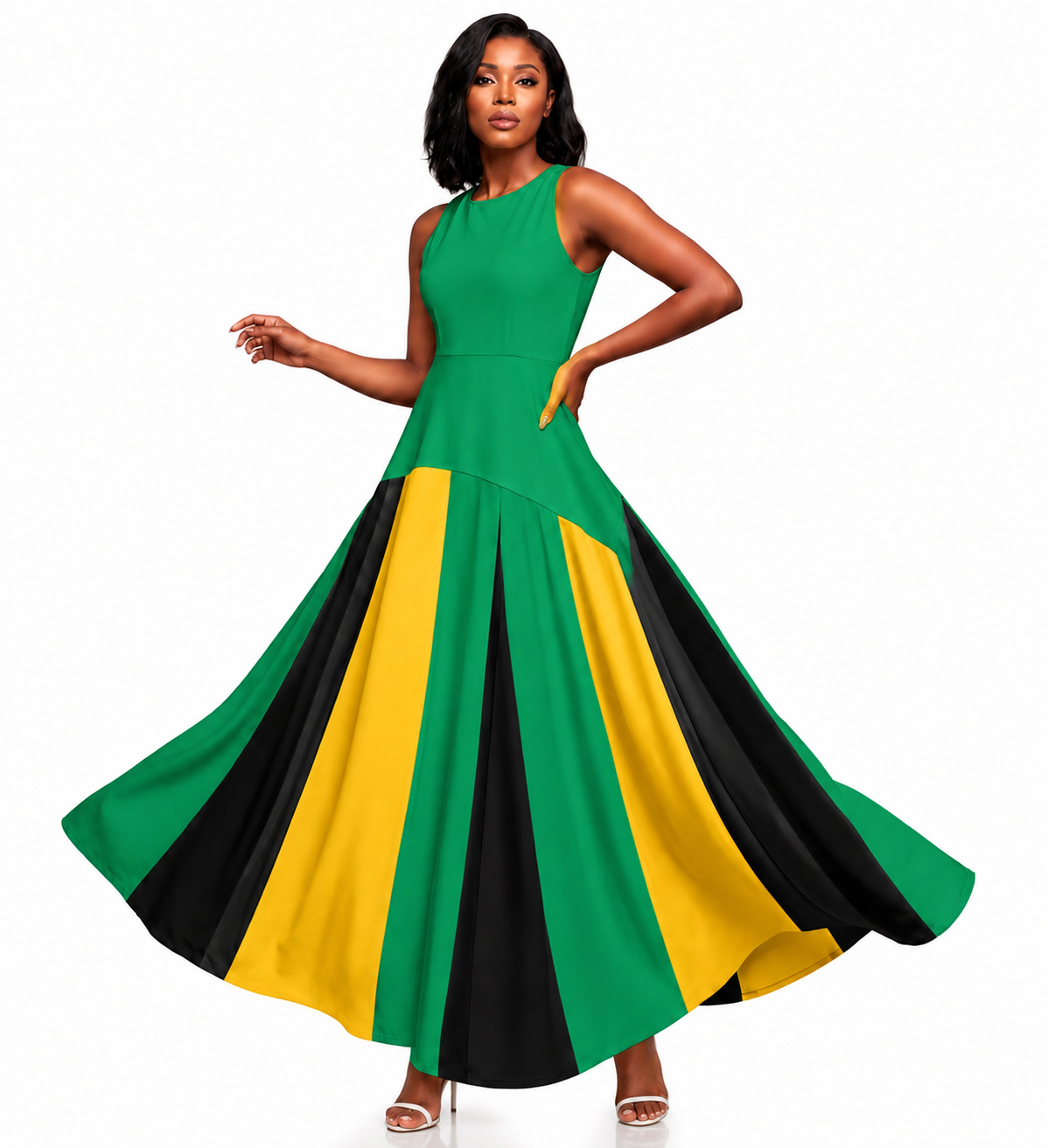 Jamaican Flag Colorblock Maxi Dress | Sleeveless Fit and Flare Gown