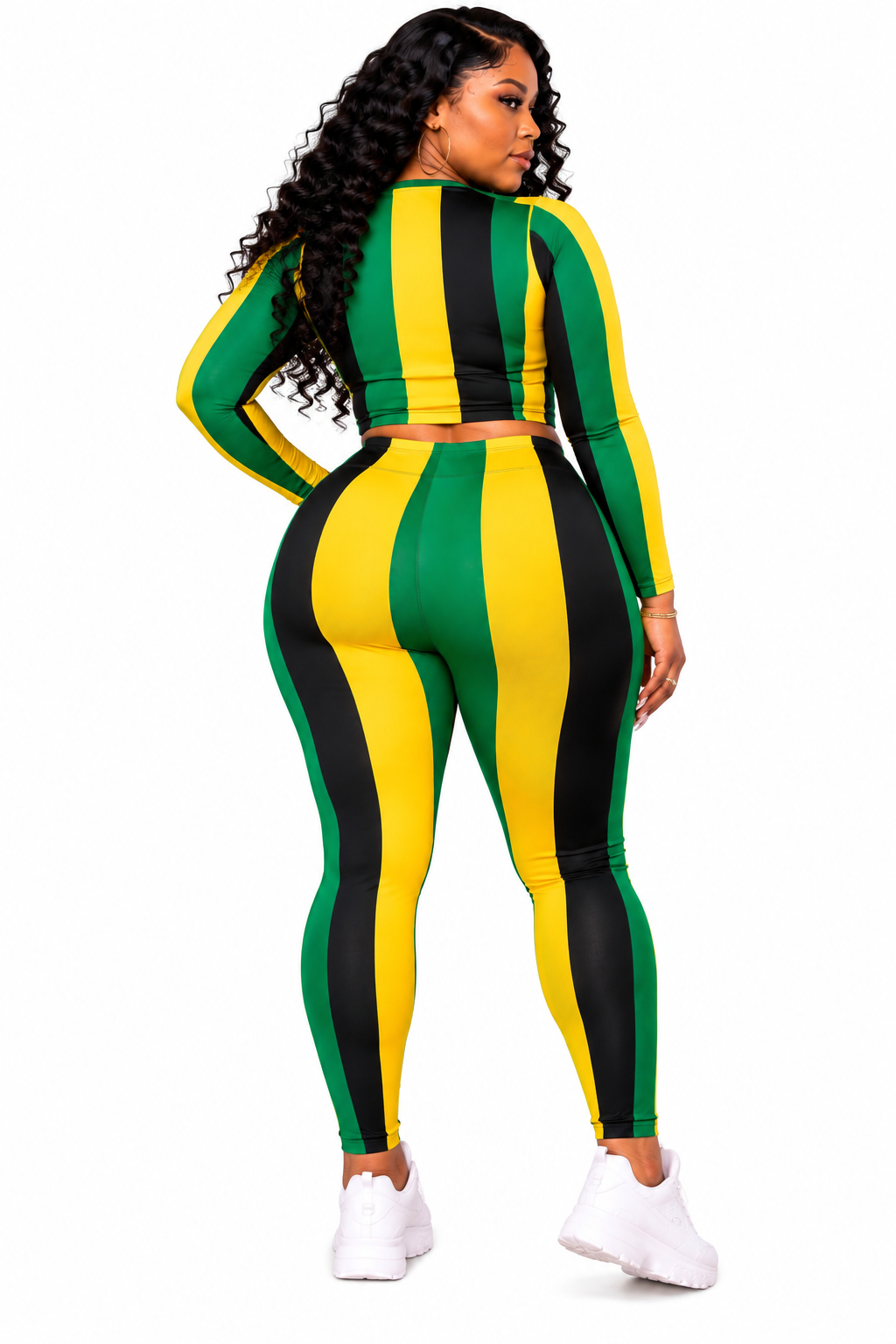 Jamaica Stripe Two Piece Set | Jamaican Outfit for Women | Green Gold Black Leggings & Long Sleeve Crop Top | Jamaica Pride Outfit