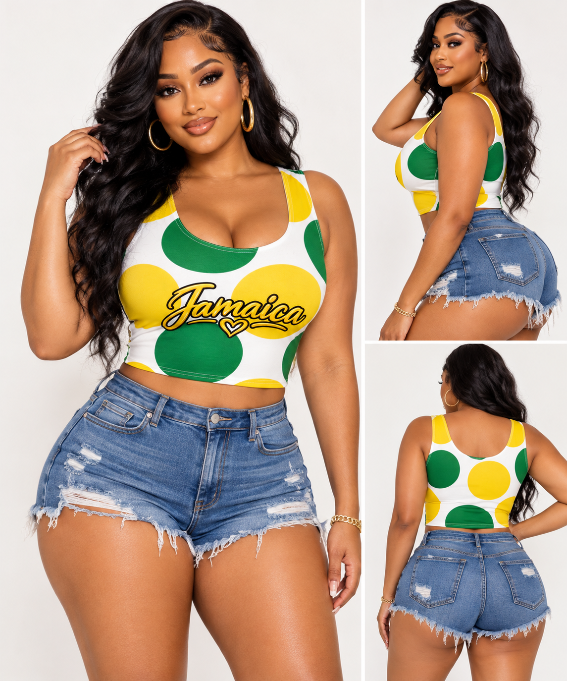 Jamaica Love Polka Dot Crop Top – Women's Green & Gold Sleeveless Tank Top | Jamaican Pride
