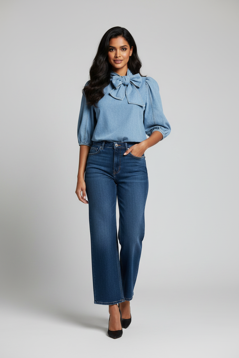 A woman modeling a light blue ruffled blouse with puff sleeves and dark blue wide-leg jeans, standing against a neutral light gray studio background.