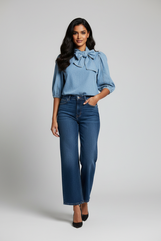 A woman modeling a light blue ruffled blouse with puff sleeves and dark blue wide-leg jeans, standing against a neutral light gray studio background.