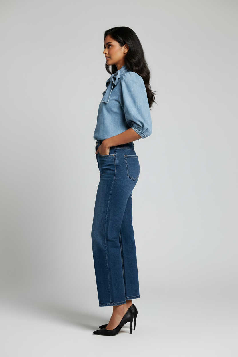 Bronxinit Denim Bow-Neck Blouse | Women’s Puff Sleeve Chambray Top
