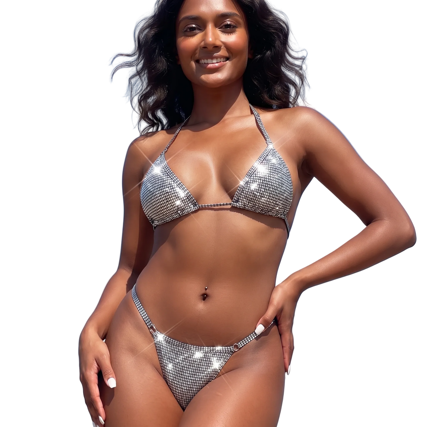 A woman wearing a sparkling silver rhinestone triangle bikini stands against a white background.