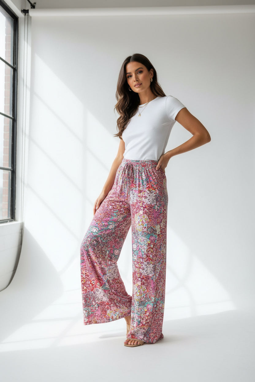 Women Floral Lightweight Wide Leg Pants With Elastic Waist, Drawstring and Pockets
