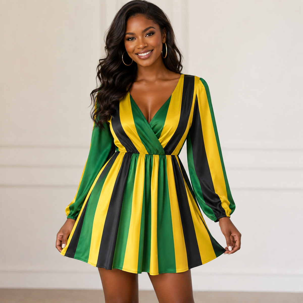 Jamaican Flag Mini Dress – Black, Green, Gold Long Sleeve Party Outfit