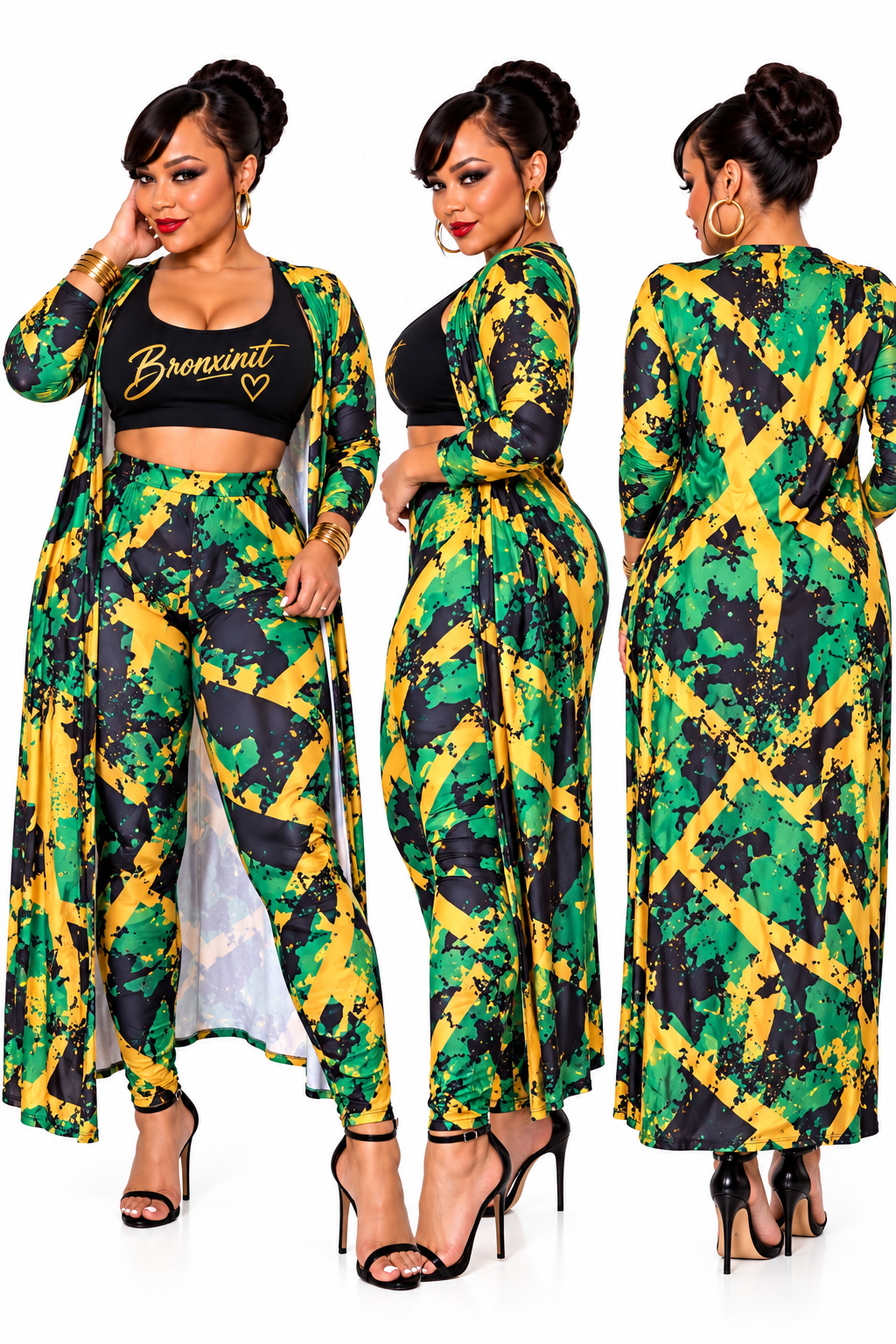Three views of a woman modeling a matching three-piece outfit with a green, yellow, and black abstract pattern. The set includes a black crop top with gold 'Breoc'hant' lettering, a long-sleeve open-front jacket, and matching high-waisted pants, shown against a plain white background.