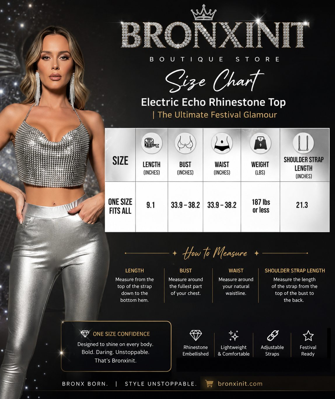 A size chart graphic for the Bronxiti Boutique Store's Electric Echo Rhinestone Top. The left side features a model wearing the sparkly silver top and matching silver pants against a dark starry background.