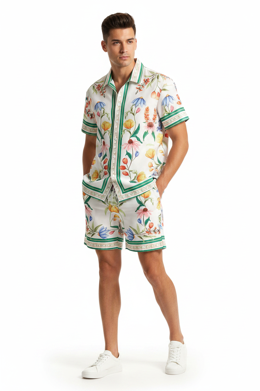 Man wearing a floral shirt and shorts set on a white background