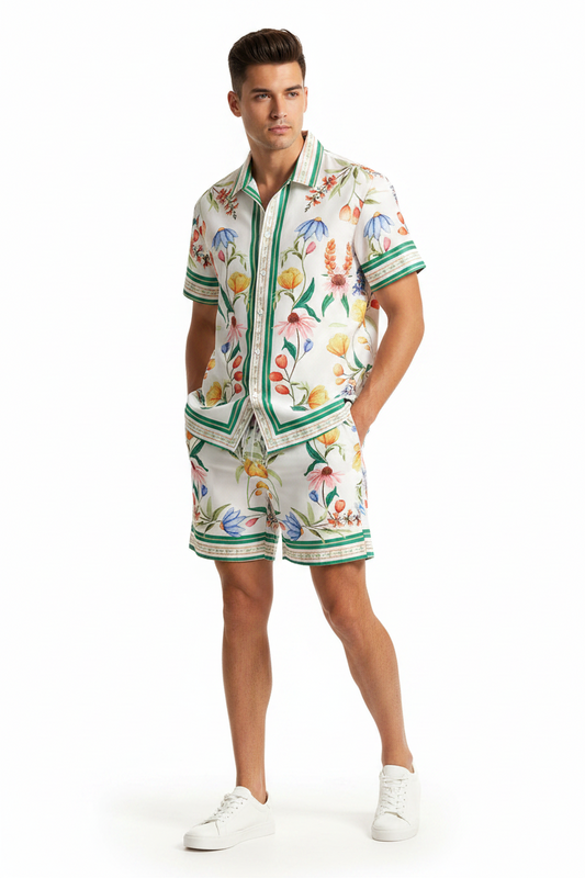 Man wearing a floral shirt and shorts set on a white background