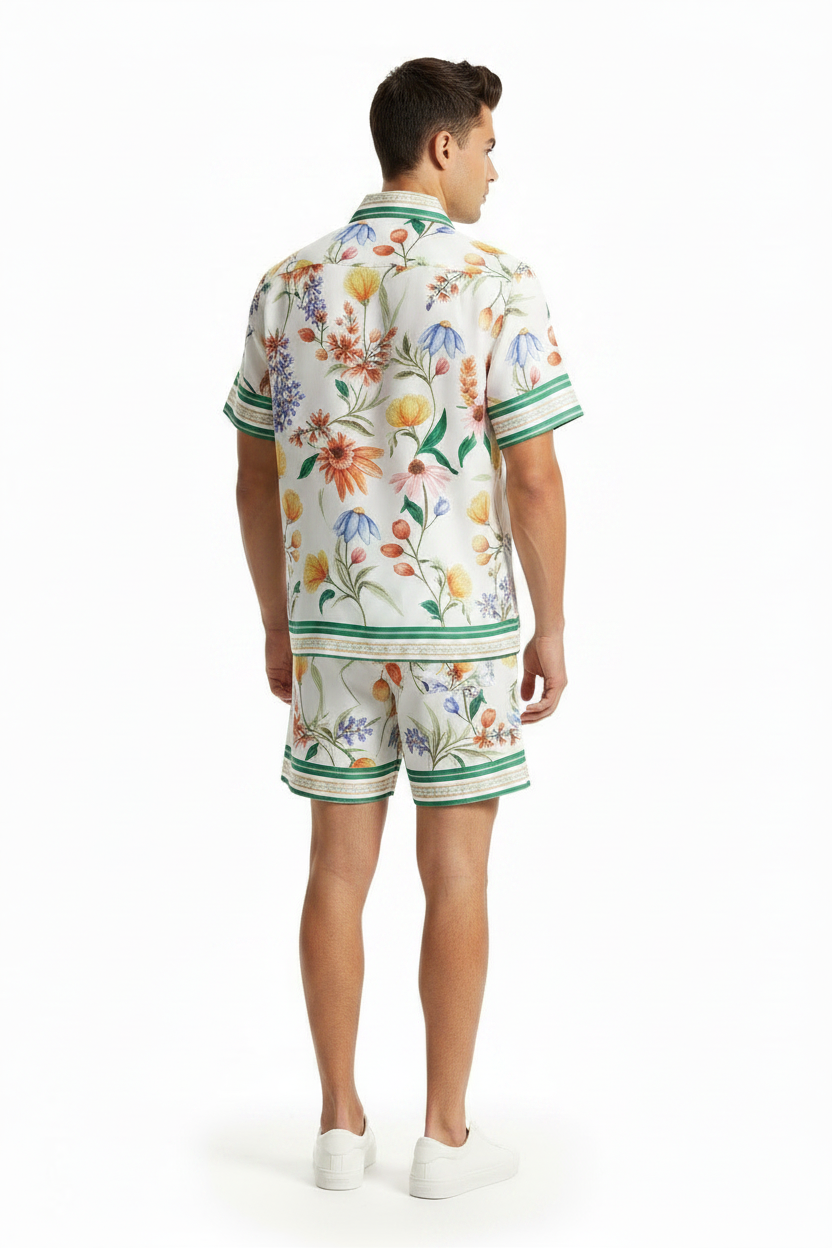 Man wearing a floral shirt and shorts set on a white background
