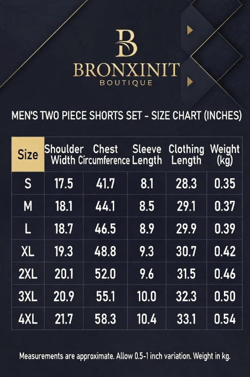 Size chart for men's two-piece shorts set by Bronxinit Boutique on a dark background.