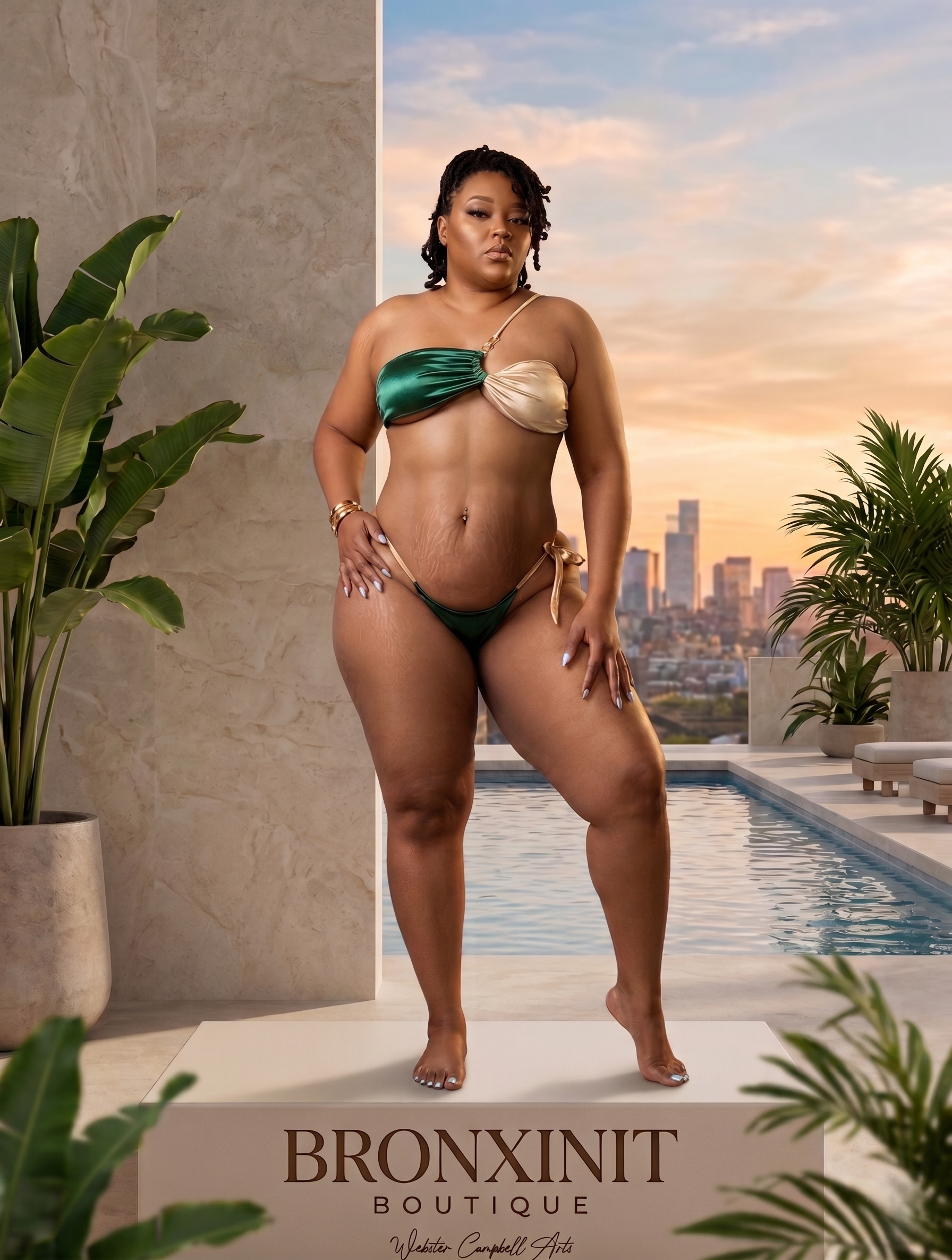 Woman in a green and beige bikini standing by a pool with a city skyline in the background, with 'BRONXINIT Boutique' branding.