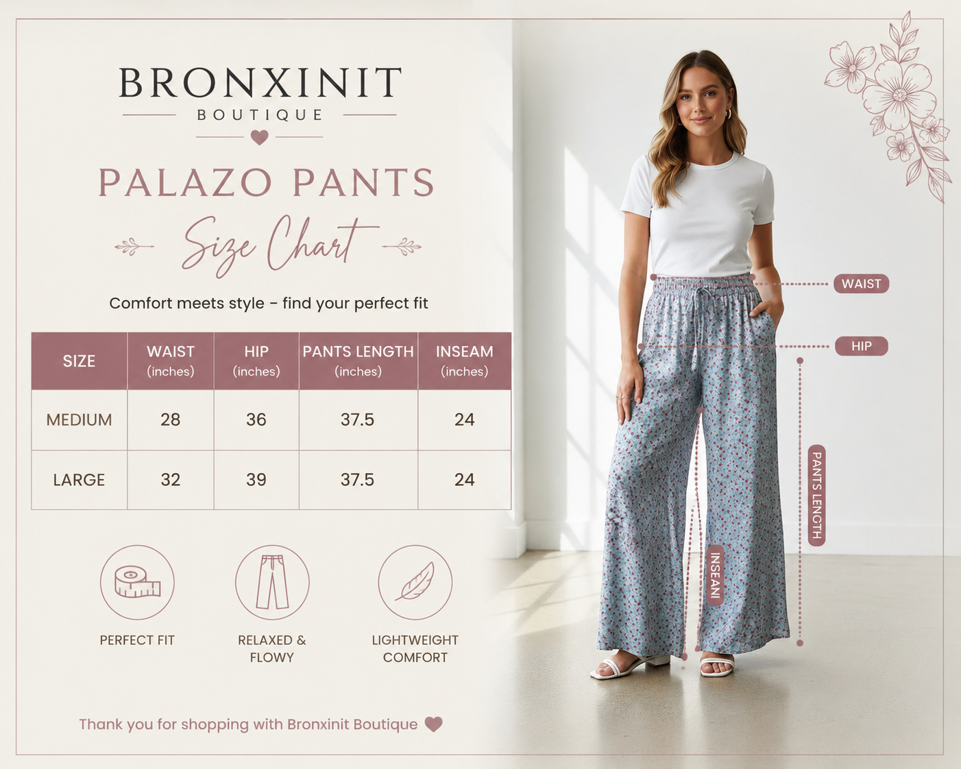 Women Floral Lightweight Wide Leg Pants With Elastic Waist, Drawstring and Pockets
