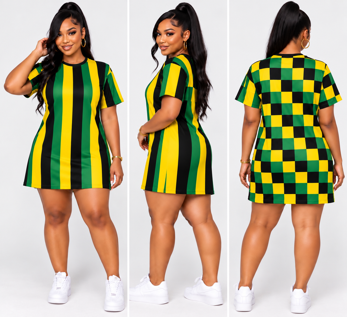Jamaica Yard Vibes Stripe & Check Cotton Mini T-shirt Dress 🇯🇲
