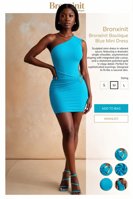Bronxinit Boutique Blue Mini Dress, Off-Shoulder Side-Waist Cutout Pleated Waist-Slimming High-Elastic Dress