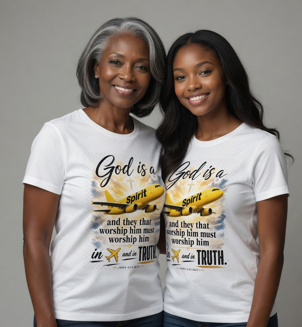 Two people wearing white t-shirts with a graphic design and text.