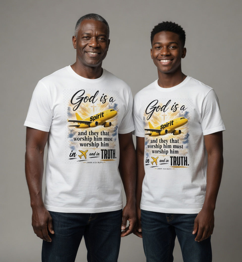 Two people wearing white t-shirts with a graphic design and text.