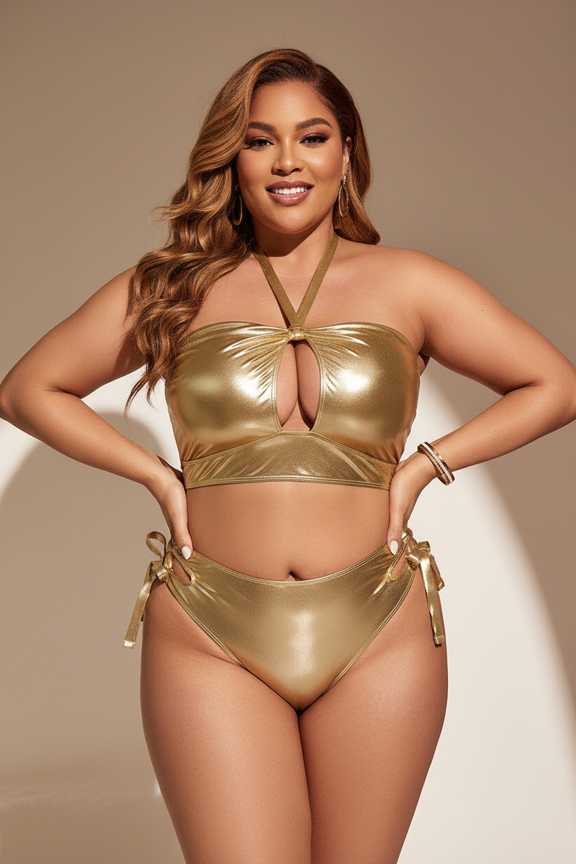 Woman wearing a gold bikini against a beige background