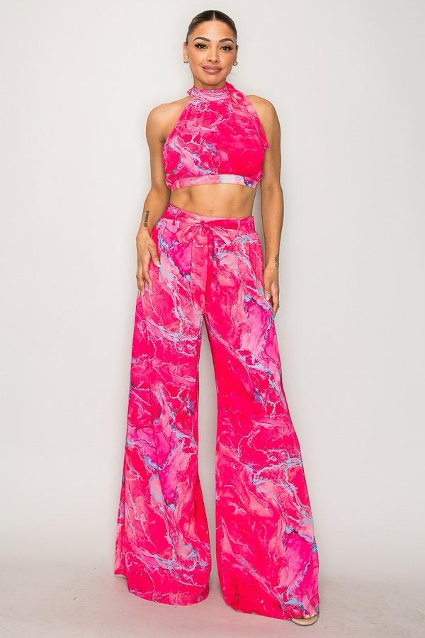 Women’s 2-Piece Wide Leg Pants Set – Marble Print Crop Top & High-Waist Trousers
