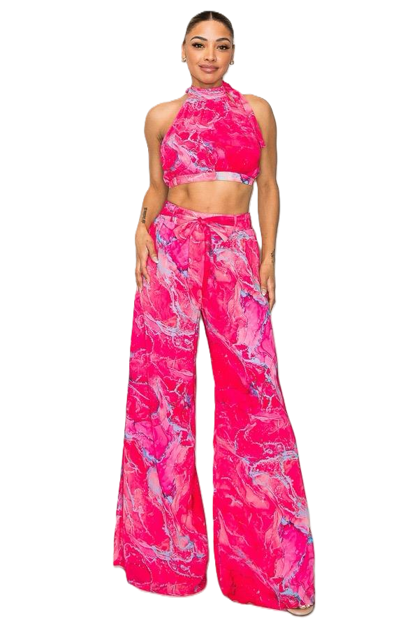 Women’s 2-Piece Wide Leg Pants Set – Marble Print Crop Top & High-Waist Trousers