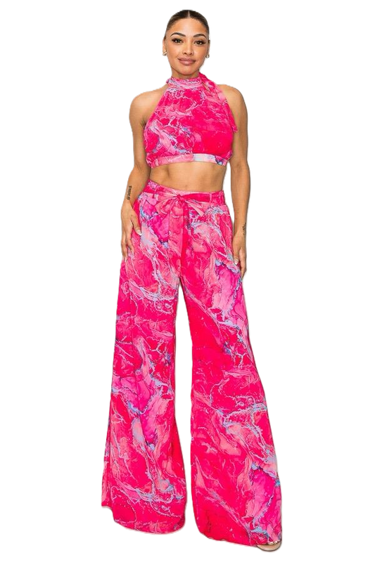 Women’s 2-Piece Wide Leg Pants Set – Marble Print Crop Top & High-Waist Trousers