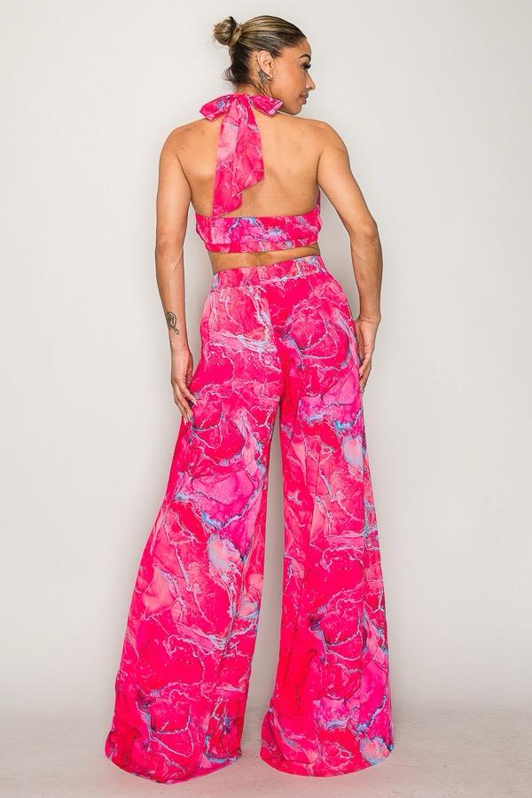 Women’s 2-Piece Wide Leg Pants Set – Marble Print Crop Top & High-Waist Trousers