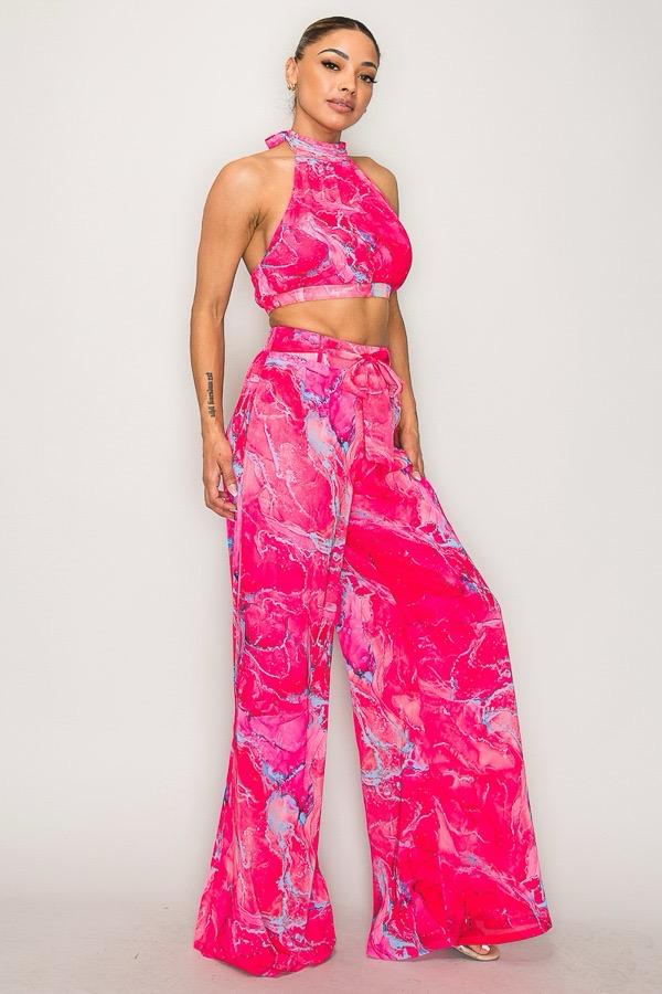 Women’s 2-Piece Wide Leg Pants Set – Marble Print Crop Top & High-Waist Trousers
