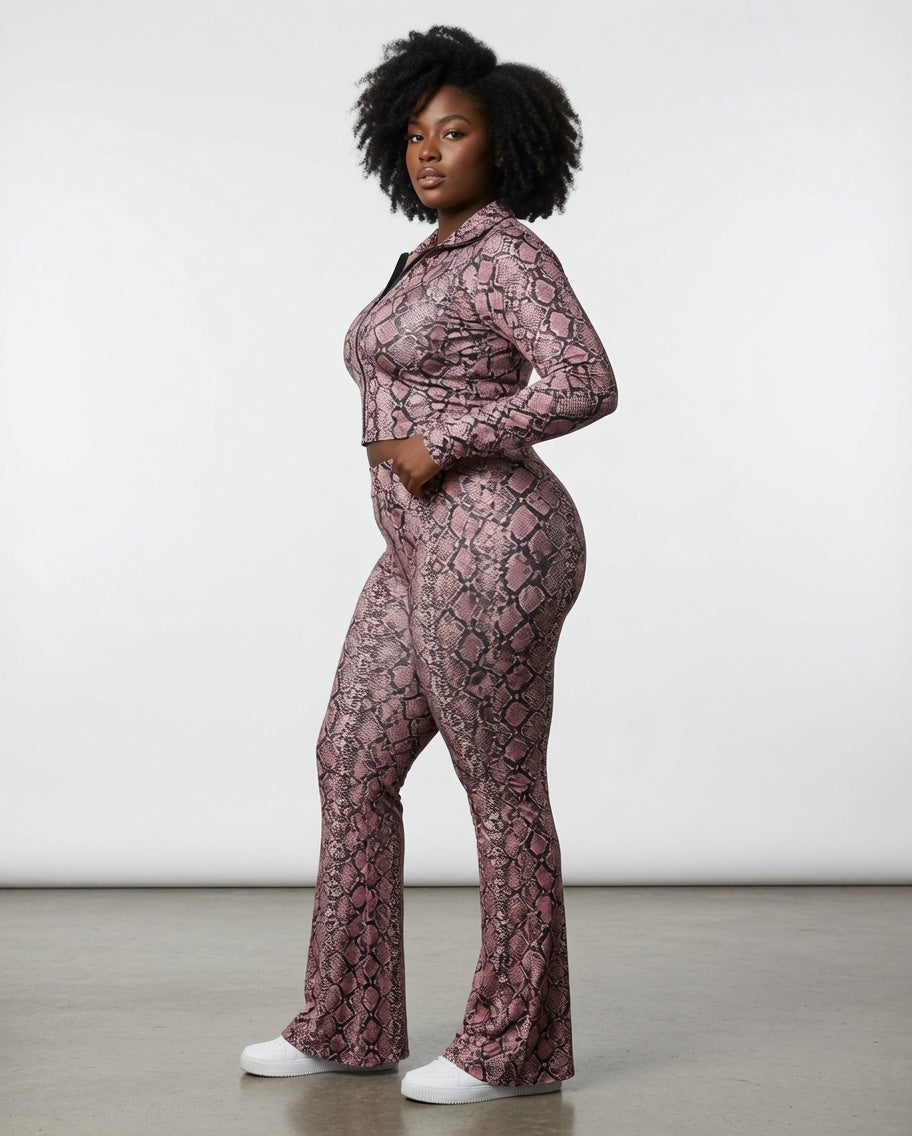 The Mauve Python Co-Ord Set-Long Sleeve Crop Top and Flare Legging Co-Ord