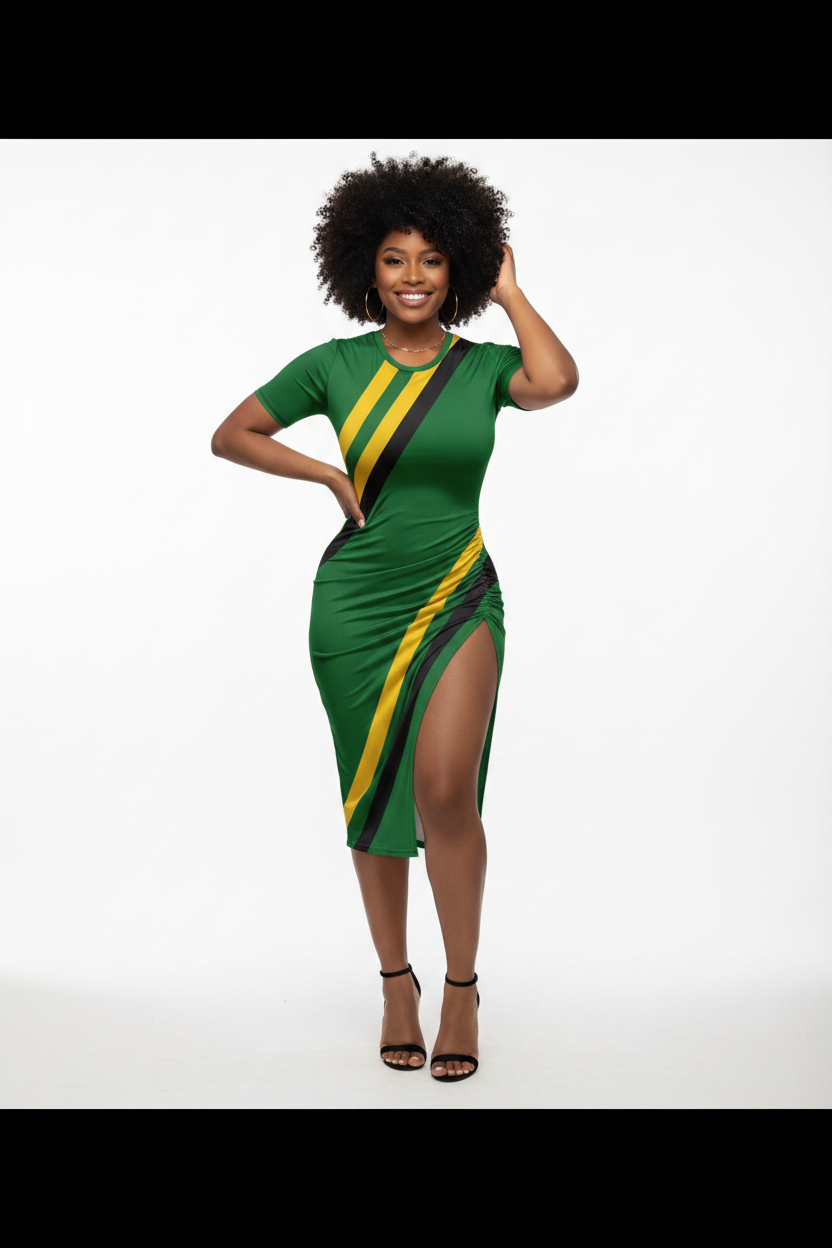 Woman wearing a green dress with yellow accents on a white background