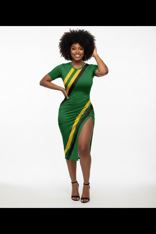 Woman wearing a green dress with yellow accents on a white background