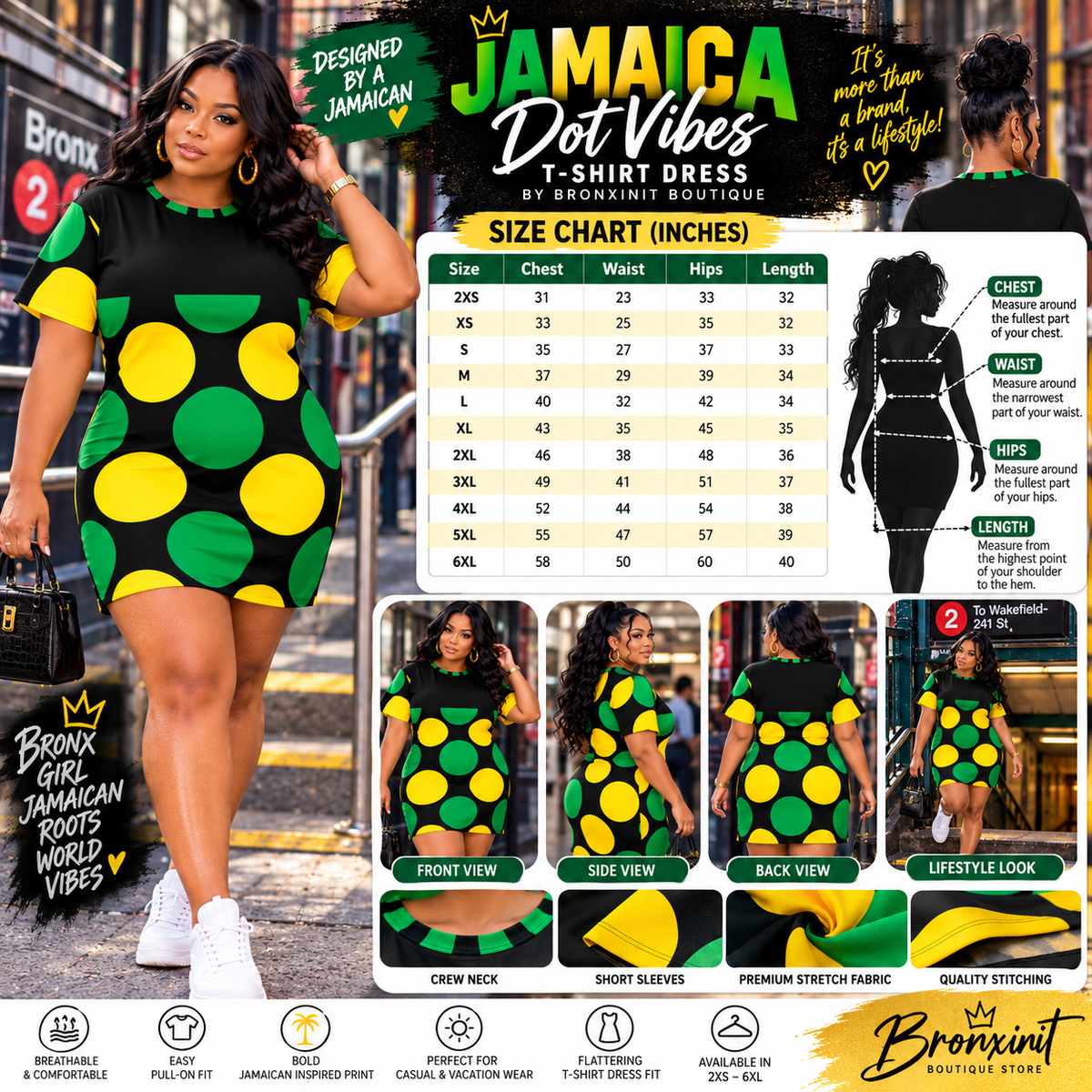 Jamaica Dot Vibes T-Shirt Dress | Black Green & Gold Polka Dot Mini Dress | Jamaican Inspired Dress by Bronxinit