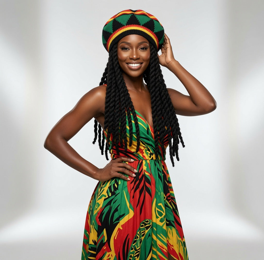 Woman wearing a colorful dress and hat with a pattern on a gray background