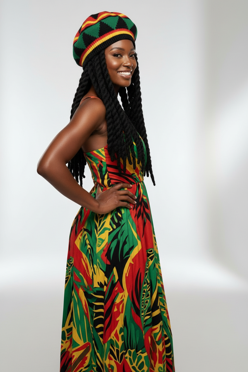 Jamaican Rasta Dreadlock Tam | Reggae Roots Knit Hat with Black Dreadlocks