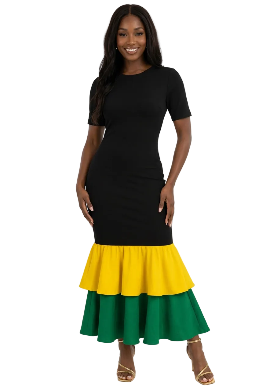 Jamaica Empress Dress – Black Bodycon Midi with Yellow & Green Ruffles | Bronxinit Boutique