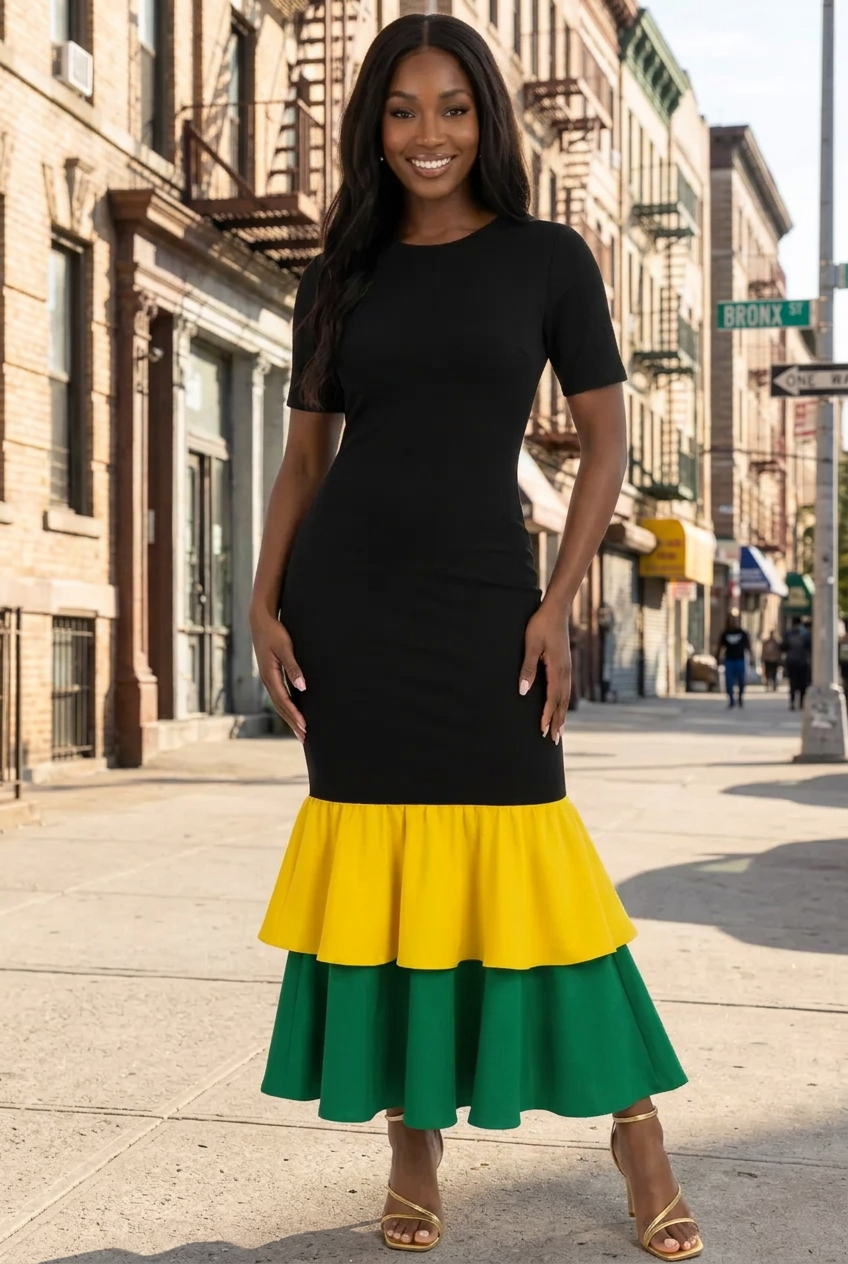 Jamaica Empress Dress – Black Bodycon Midi with Yellow & Green Ruffles | Bronxinit Boutique