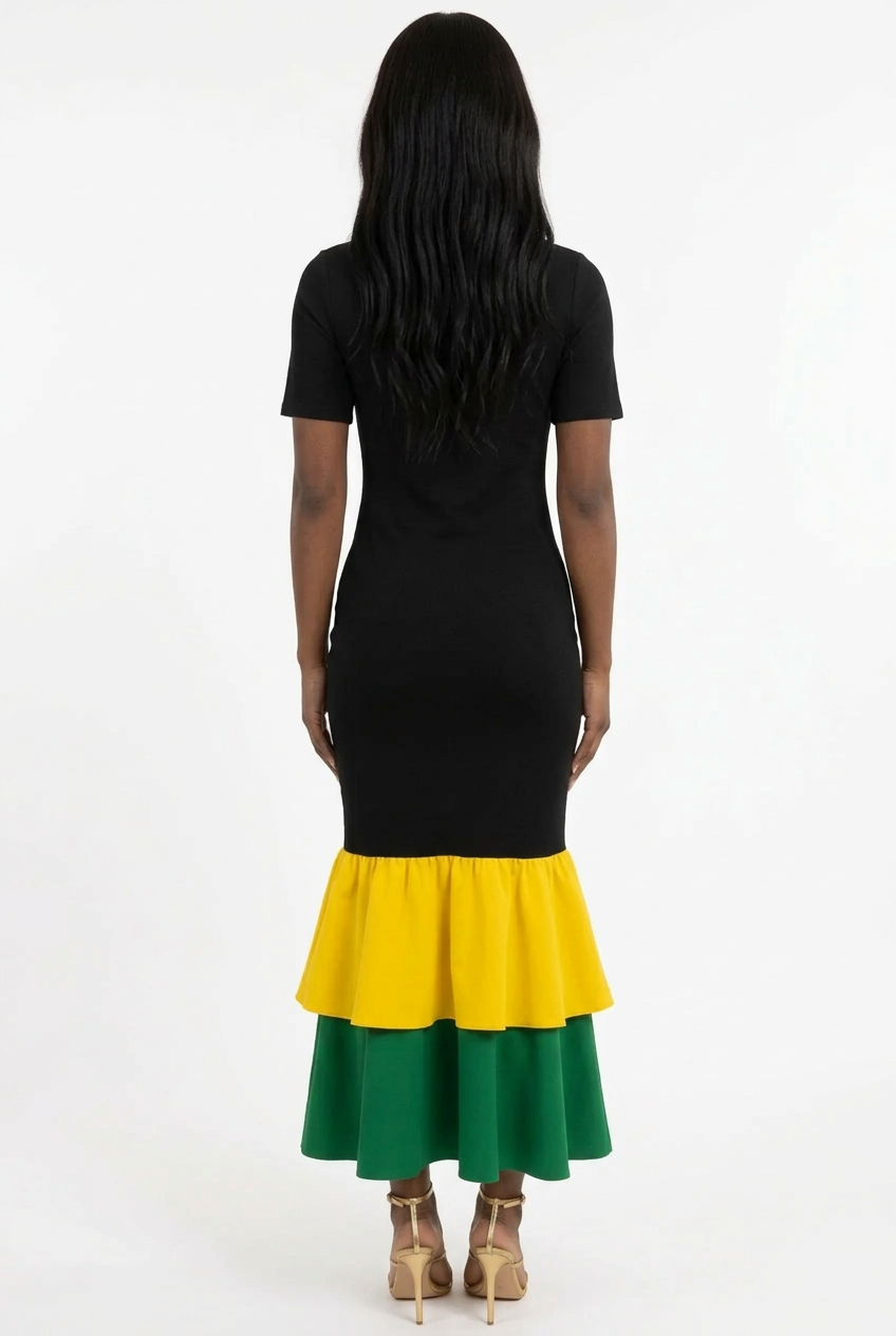 Jamaica Empress Dress – Black Bodycon Midi with Yellow & Green Ruffles | Bronxinit Boutique